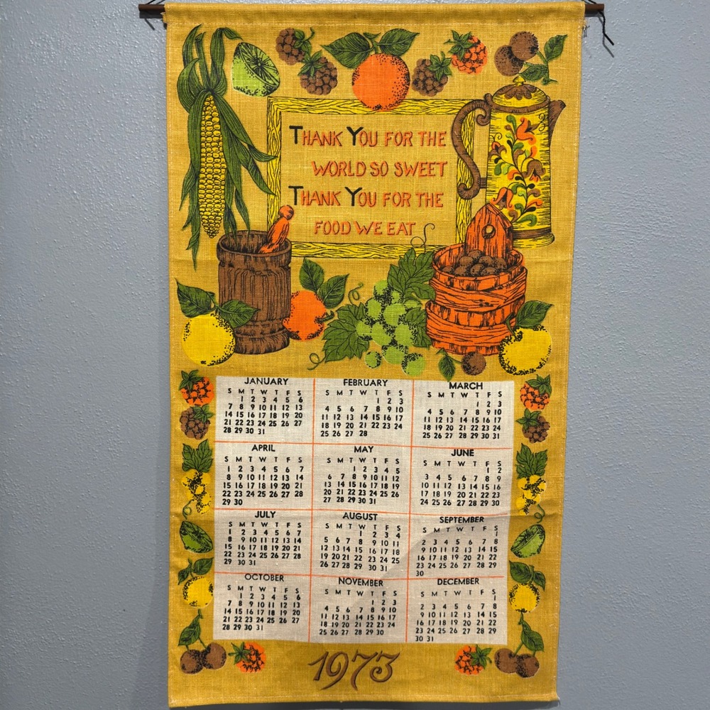 Vintage 1973 Linen Calendar Tea Towel Wall Hanging Harvest Fruit Kitchen Decor